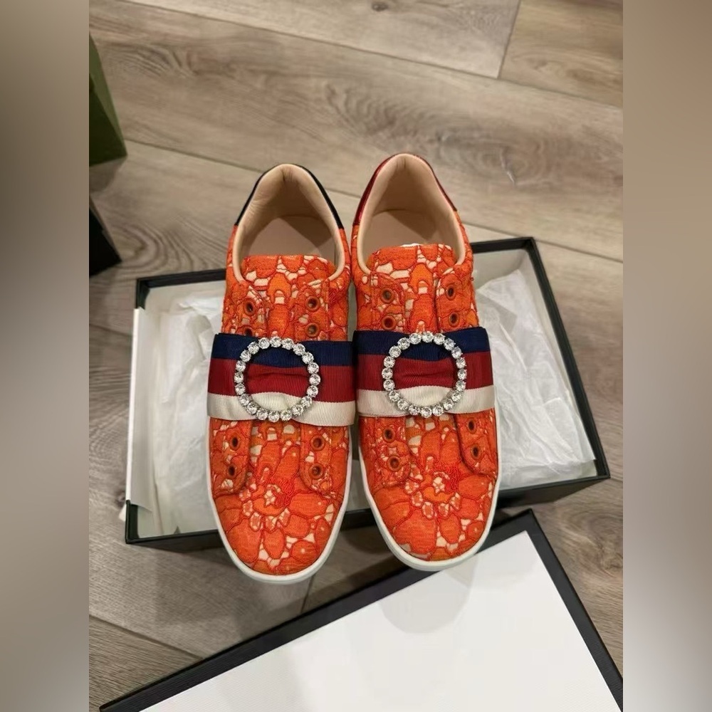 Authentic Gucci Orange Lace Ace Web Crystal Embellished Sneaker Size 36.5 NIB